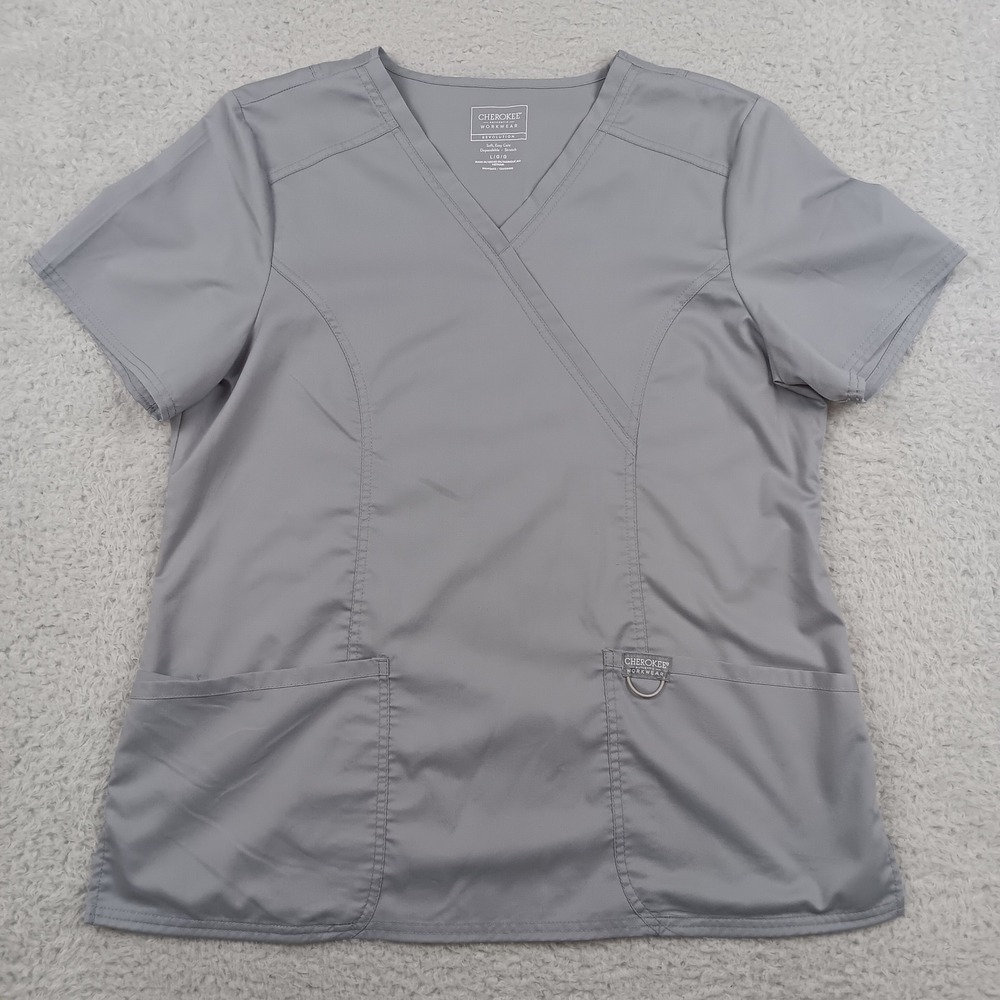Cherokee Workwear Revolution Scrub Top Womens L Grey Mock Wrap Stretch WW610